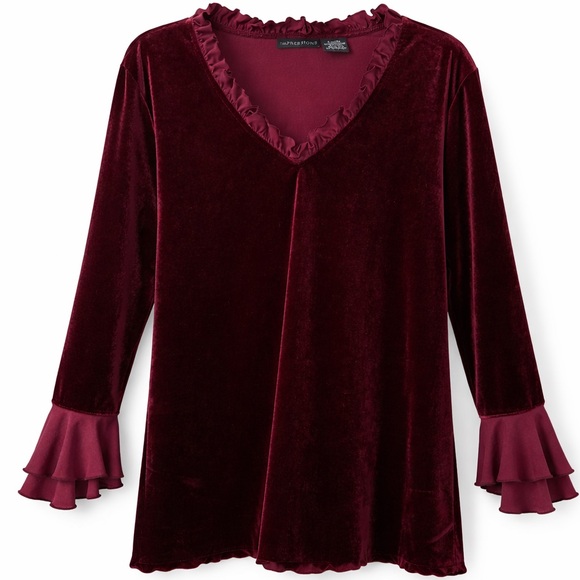 Impressions Tops - Long sleeve velvet top ruffles burgundy size XL